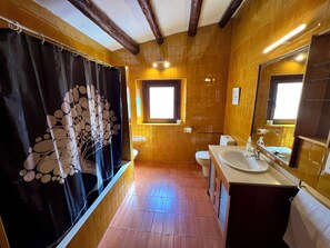 Casa de banho com cortina de chuveiro, sanita, lavatório e espelho.