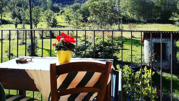 Una mesa con una maceta amarilla de flores rojas, una silla de madera y vistas de una cordillera.