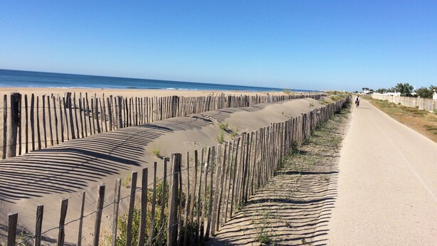Une plage de sable bordée d’une clôture en bois et traversée par un chemin pavé.
