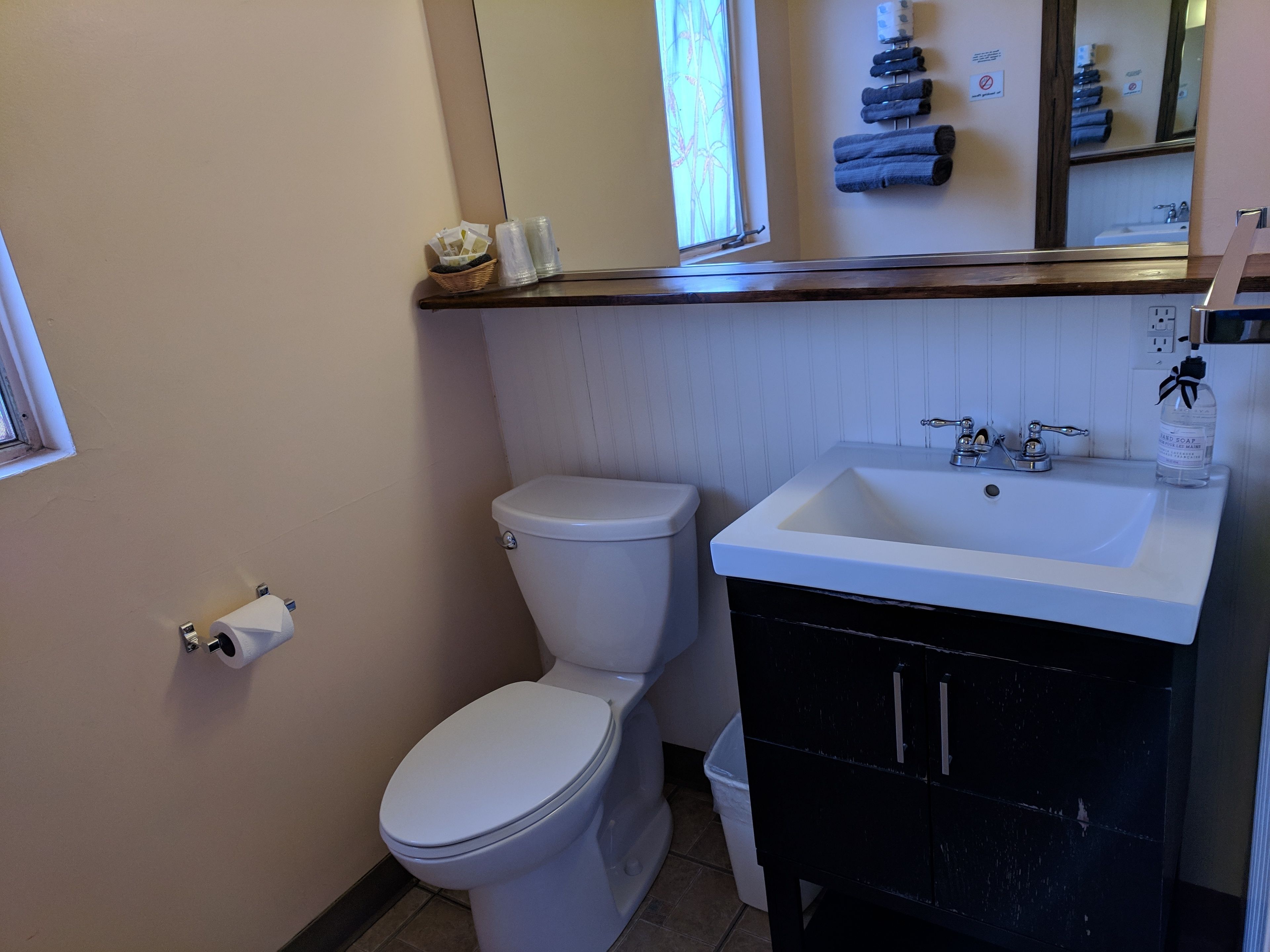 Une salle de bain avec des toilettes, un lavabo et un miroir au-dessus du lavabo.