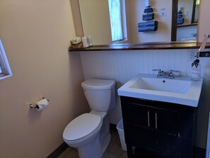 A bathroom with a toilet, sink, and a mirror above the sink. - Lakeview Motel (Lake Isabella)