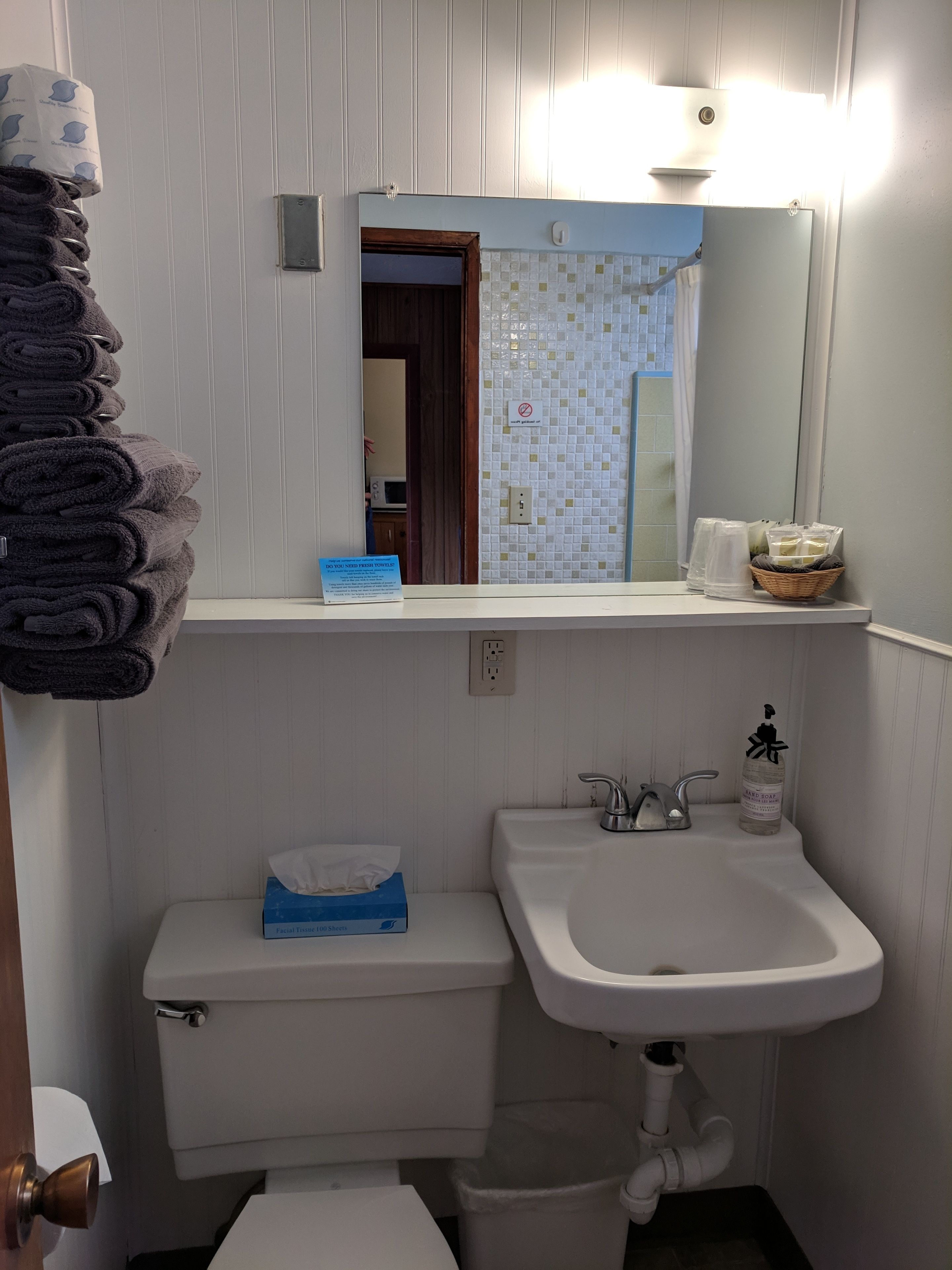Un baño con lavamanos blanco, inodoro y espejo sobre el lavamanos. Hay un perchero con toallas, una caja de pañuelos y un dispensador de jabón para manos en la encimera.