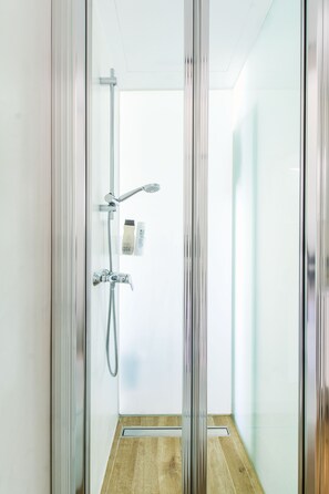 Douche, séchoir à cheveux, serviettes fournies, savon