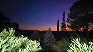 A night scene with a twilight sky, a silhouette of a tall tree, and dense foliage in the foreground. - SUPERB SECLUDED VILLA WITH STUNNING VIEWS AND HEATED SWIMMING POOL 
 (Saint-Antonin-Du-Var)