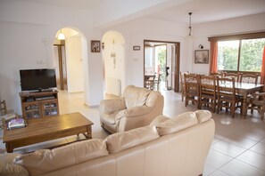 Tv, eldstad, dvd-spelare och ett bordtennisbord