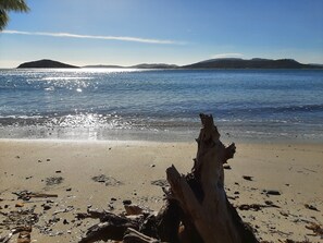 Una playa con un gran tronco de madera a primer plano, agua tranquila y colinas al fondo.