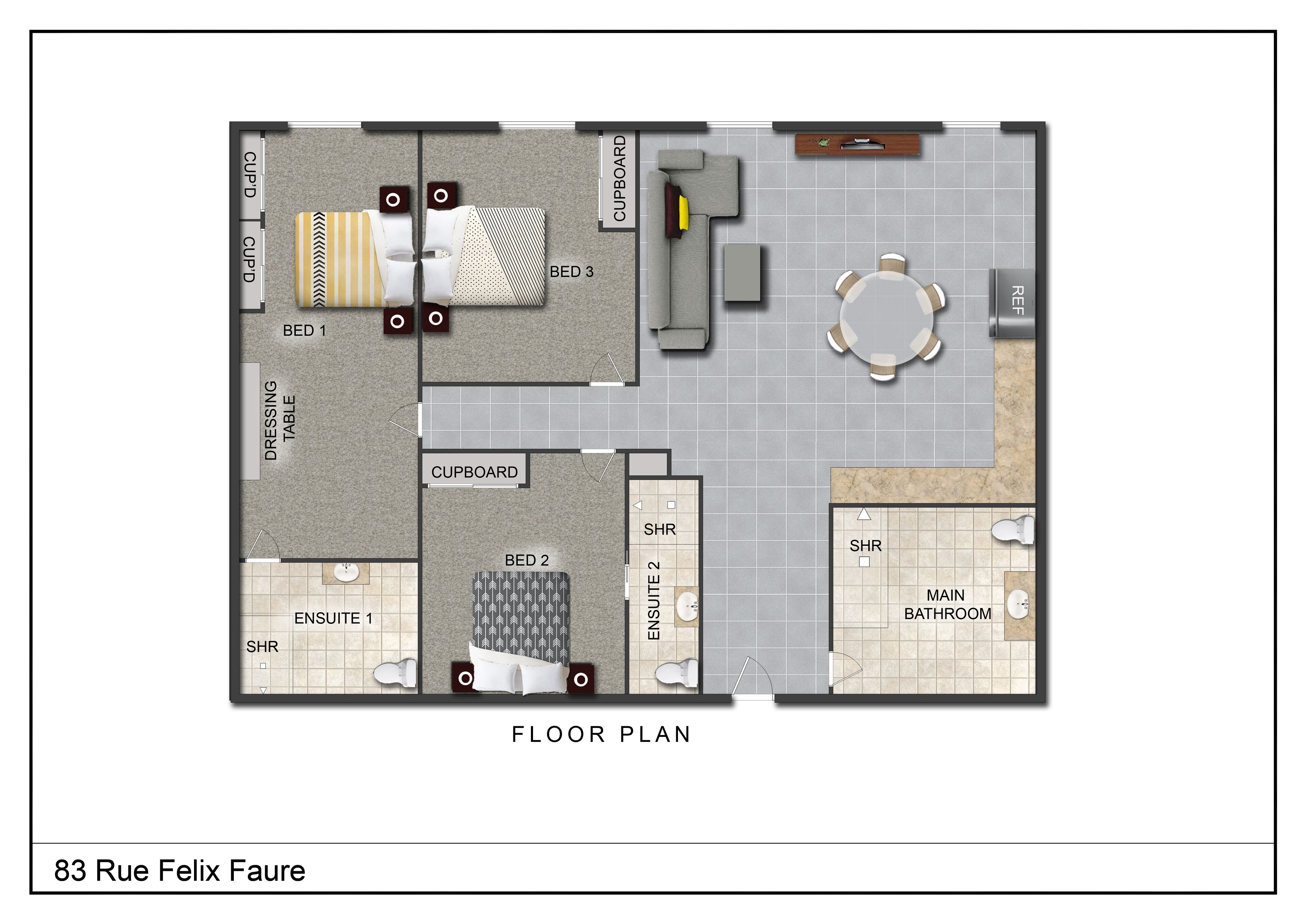 Un plan d’étage d’un hôtel comprenant trois chambres, un coin repas, une kitchenette, un salon, une salle de bain et un petit bureau.