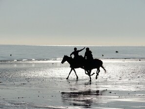 Silhouettes of two people riding horses on a beach.