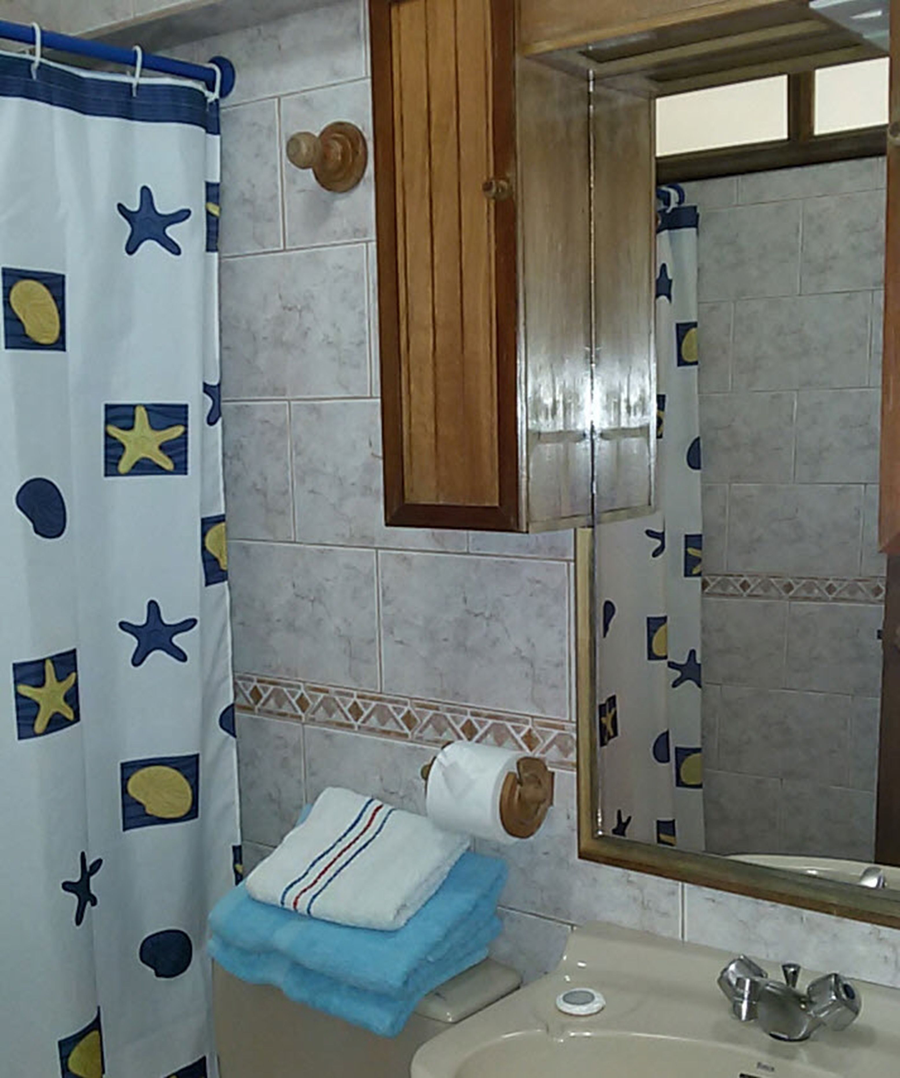 A bathroom with a shower curtain featuring star patterns, a wooden cabinet, a mirror, a sink with a faucet, and a towel rack.