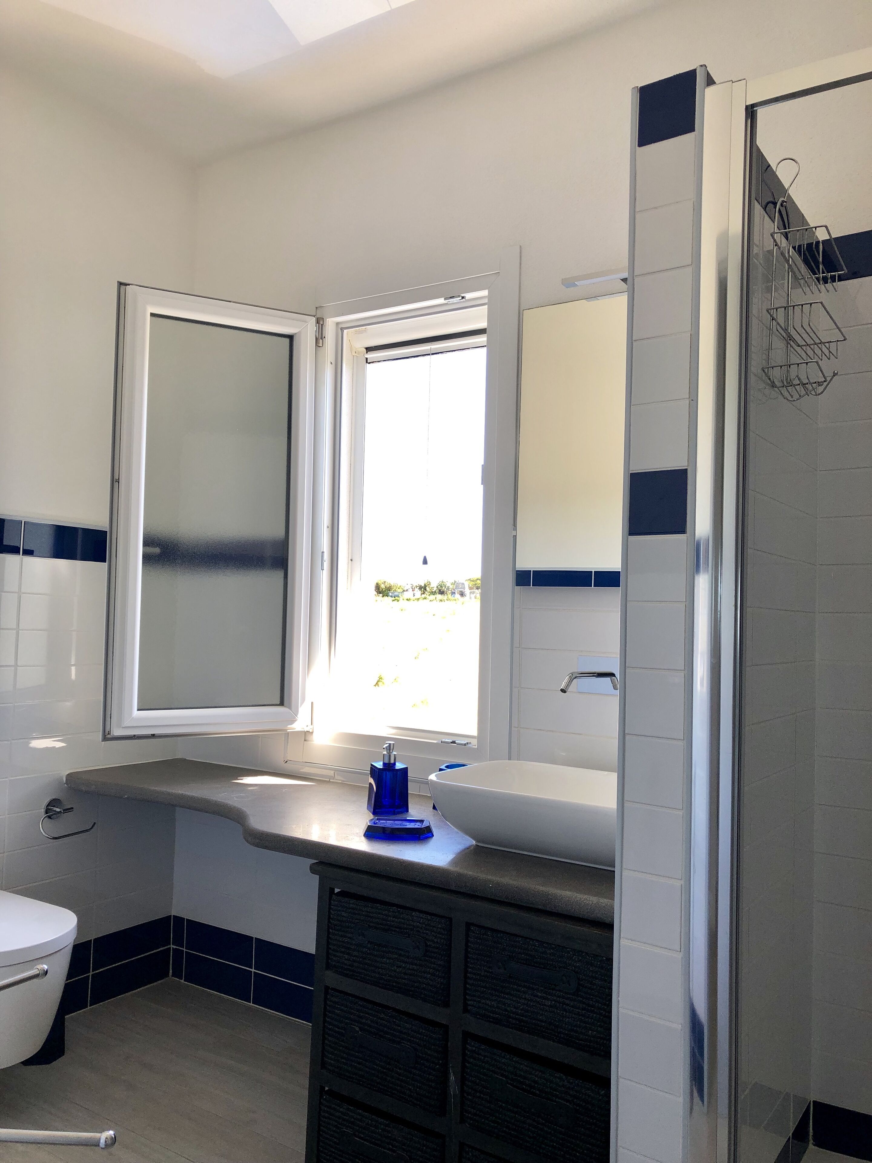 A bathroom with a white toilet, a sink with a blue soap dispenser, and a mirror above the sink.