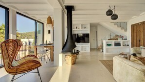 Smart TV, fireplace, video games, DVD player