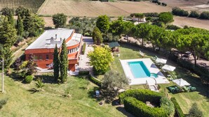 A large, modern house with a swimming pool and outdoor seating area surrounded by lush greenery and vineyards.