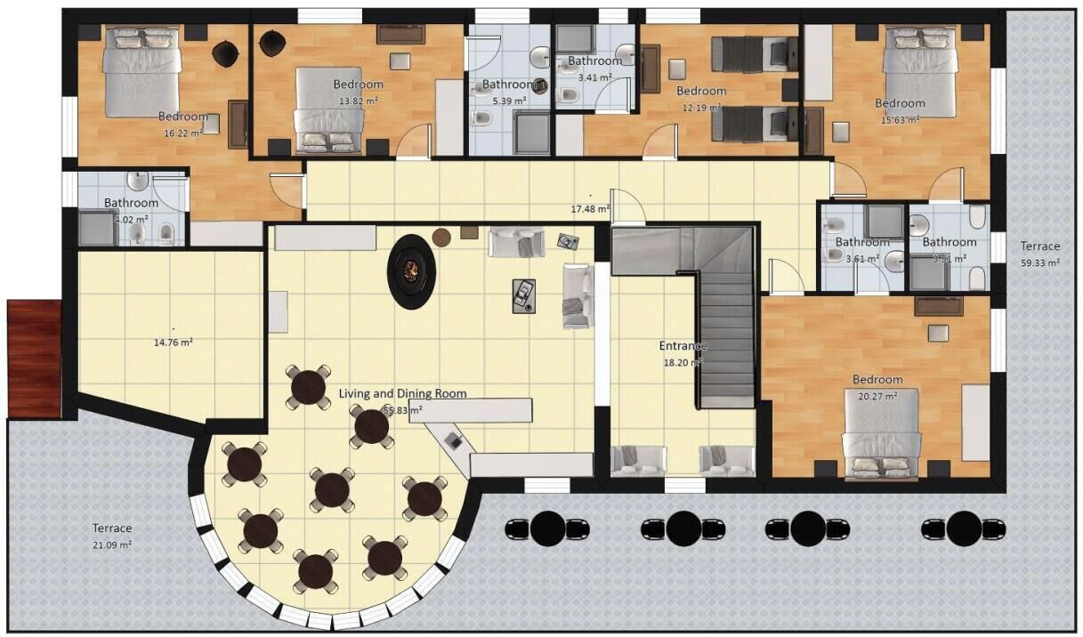 Plano de planta de un hotel que muestra varias habitaciones, baños, una sala de estar y comedor, además de terrazas.