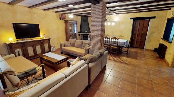 Televisión, chimenea y libros 