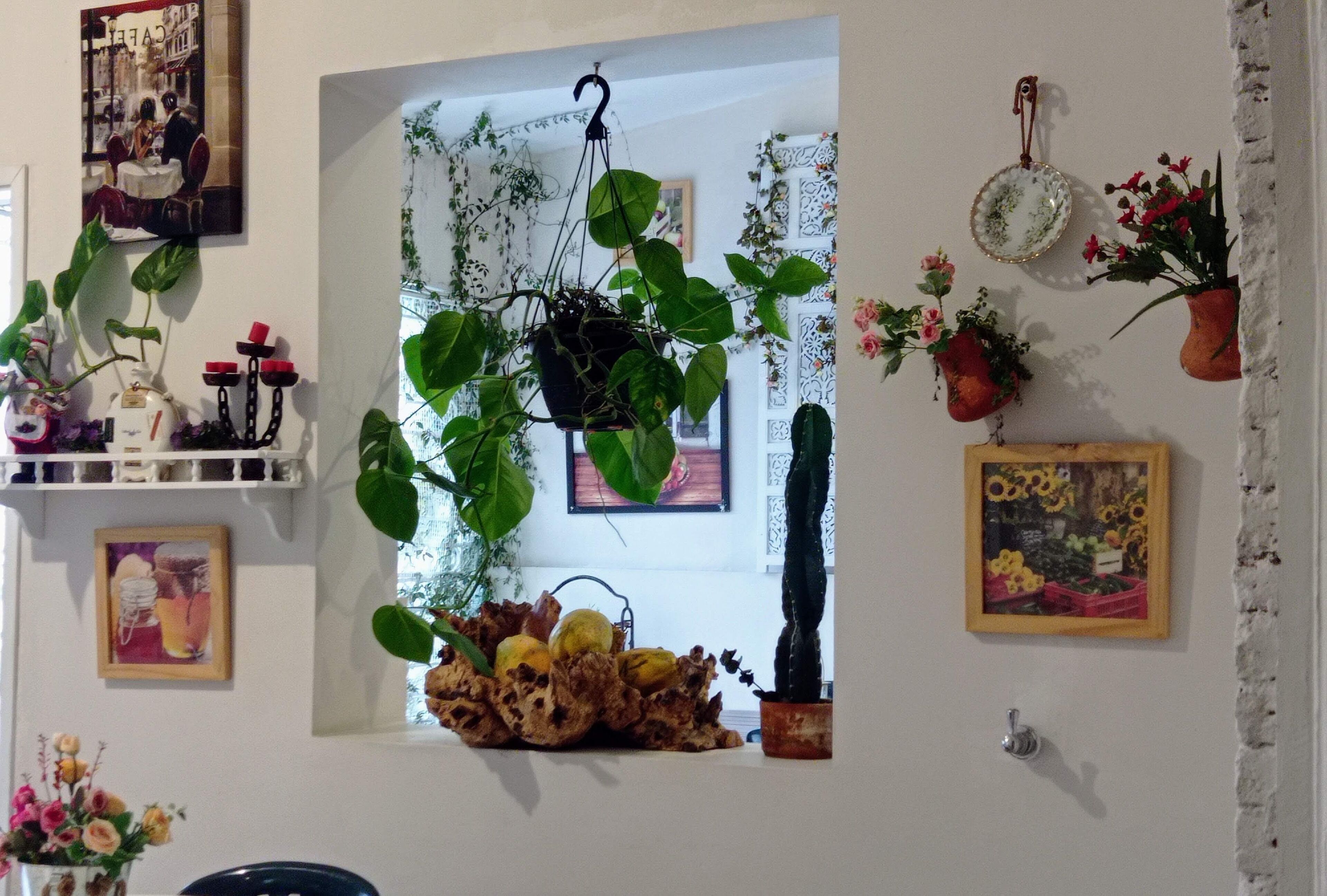 Une pièce décorée avec une plante suspendue, une sculpture en bois et un tableau encadré accroché au mur.
