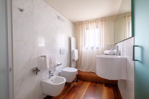 Shower, hair dryer, bidet, towels