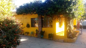A yellow building with potted plants and a tree in front. - Very spacious and comfortable house (Arcos de Tlaxpana)