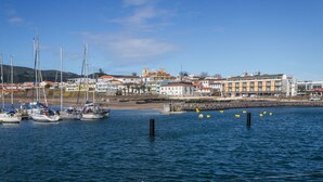 Un pueblo costero con un puerto deportivo, edificios de techos rojos y un cielo azul despejado.