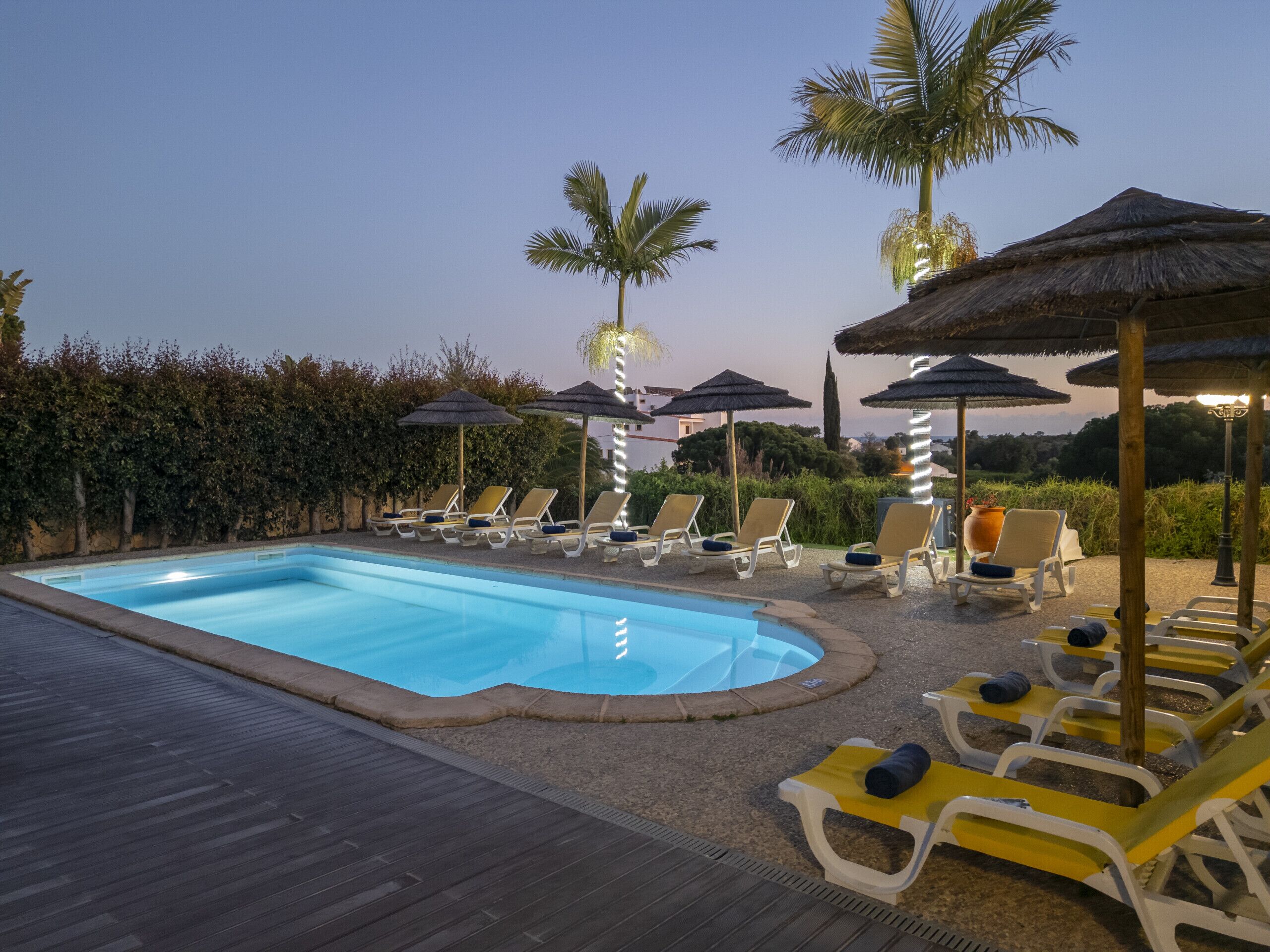 A pool area with lounge chairs and umbrellas, surrounded by greenery and palm trees.