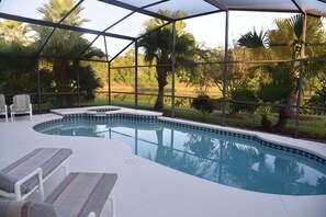 A swimming pool with a tiled edge, surrounded by lounge chairs and palm trees, enclosed by a glass structure.