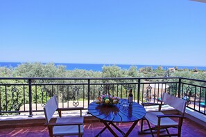 Enjoy breathtaking views of the sea from this balcony, featuring a comfortable seating area with a table and vase with flowers.