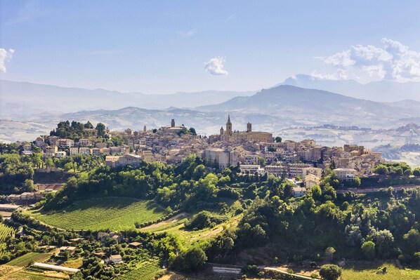 Una vista panorámica de un pueblo histórico con una iglesia destacada, viñedos y colinas ondulantes al fondo.