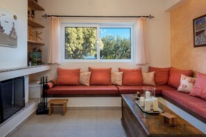 Télévision, cheminée, lecteur de DVD, livres