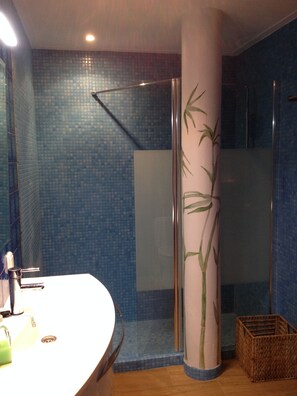 Regadera, secadora de cabello, toallas, papel de baño 
