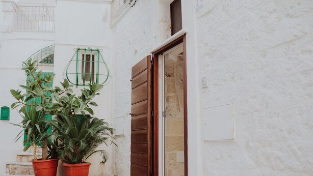 A narrow alleyway with a white building, a wooden door, and two potted plants.