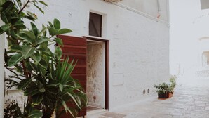 A narrow stone-paved courtyard with a wooden door, potted plants, and a white wall.