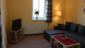 A living room with a sofa, a TV on a stand, a lamp, and a window with curtains. - Apartment 3 - 3 Bedrooms - 110 m² - Wifi - Dog allowed (Wernigerode)