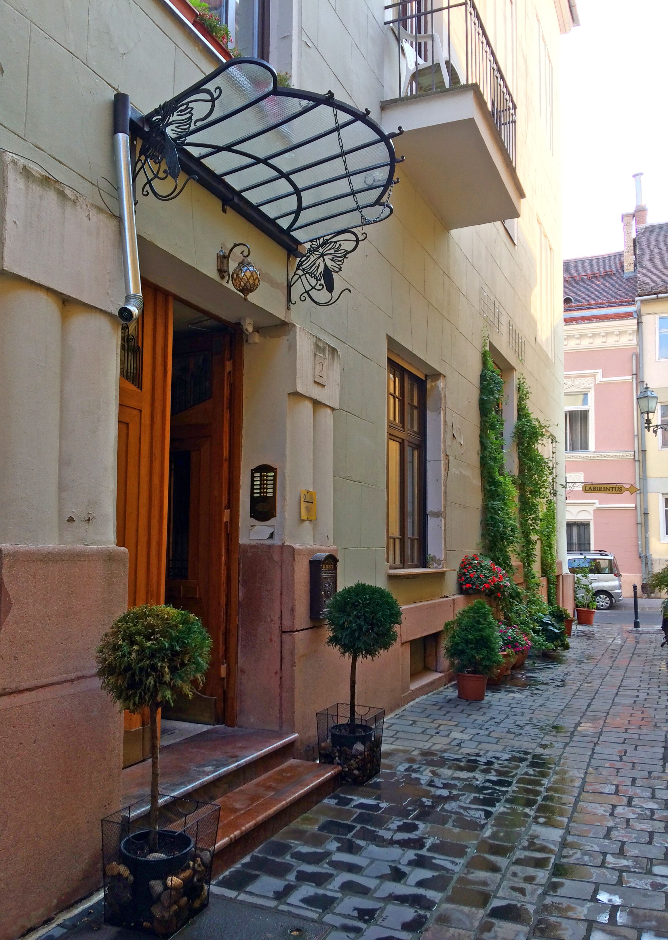 A building with a wooden door, potted plants, and a metal awning.