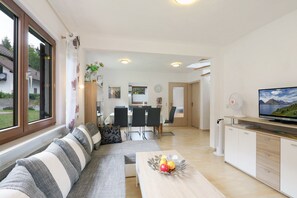Smart TV, fireplace, DVD player, stereo