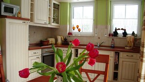 A kitchen with white cabinets, a stove, and a dining table with a vase of tulips. - Schüßler house The red house - Schüßler (Trassenheide)