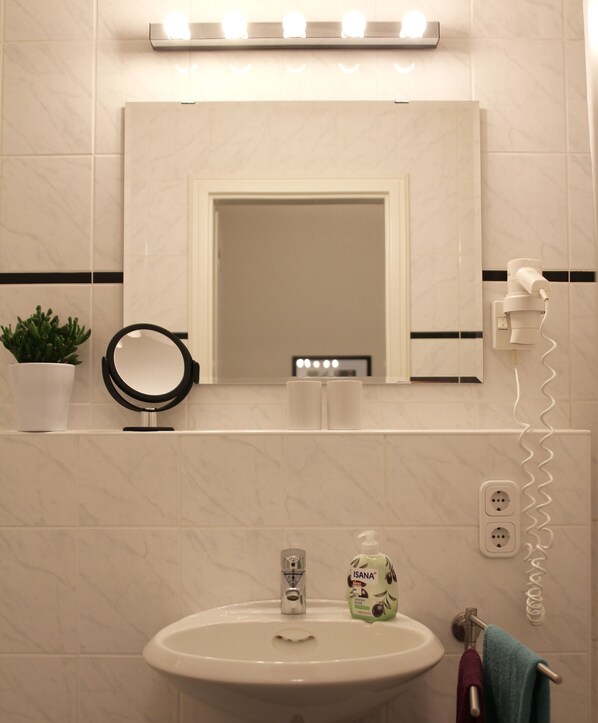 A bathroom with a sink, a mirror, a potted plant, and a hairdryer plugged in. - Welcome to Boppard! (Boppard)
