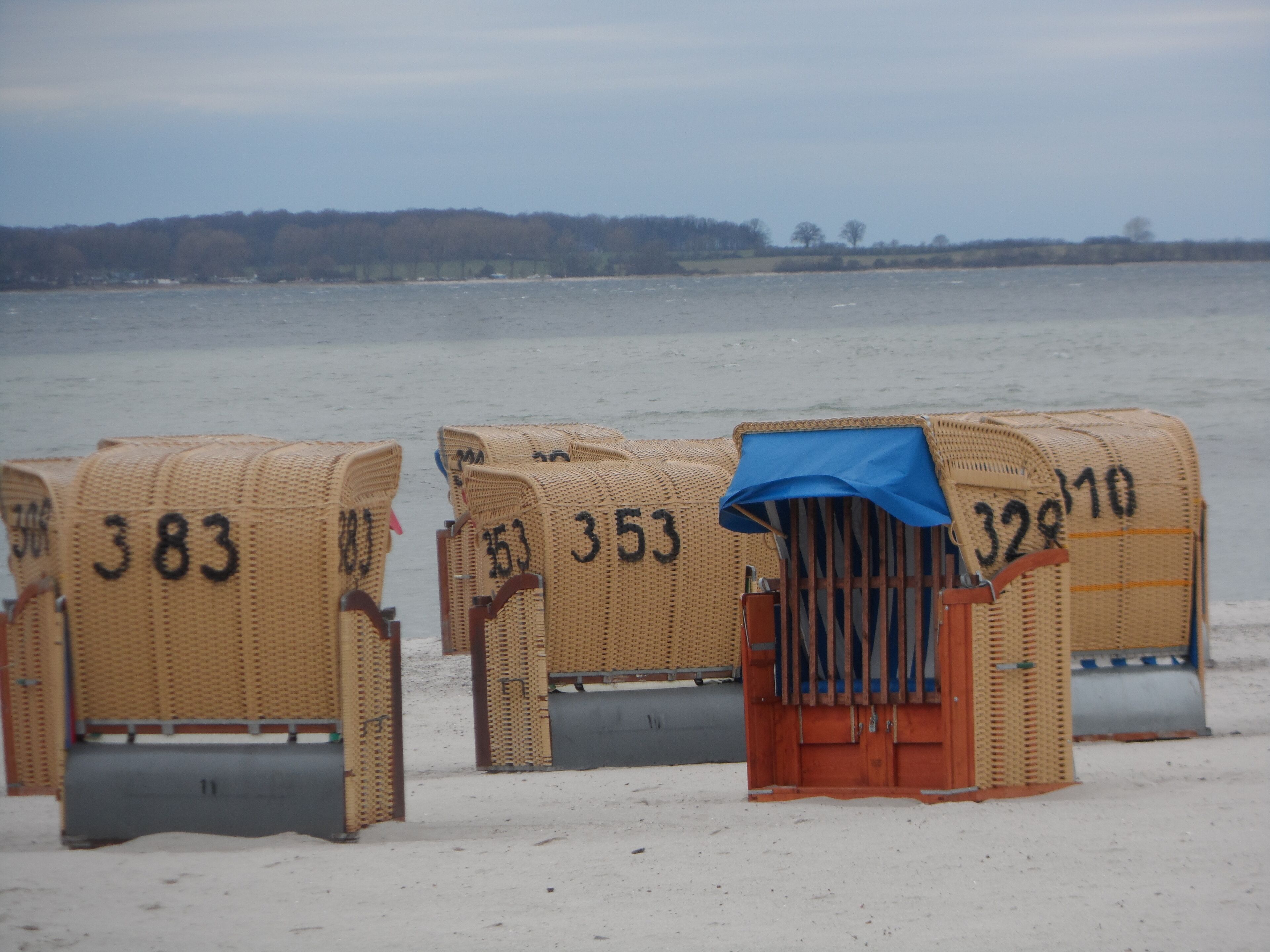 A row of numbered beach huts with a view of the sea and trees in the background.