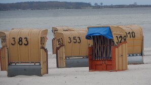 A row of numbered beach huts with a view of the sea and trees in the background. - Ground floor apartment in apartment complex Fördeblick  (Laboe)