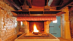 A stone-walled room with a fireplace, a checkered cloth hanging above it, and a blue door in the background. - Erisa in Trošti (Haus für 6 Personen) (Pazin)