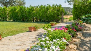 A stone pathway leading through a garden with various potted plants and flowers. - Holiday house with pool in the heart of Mallorca (Sant Joan)