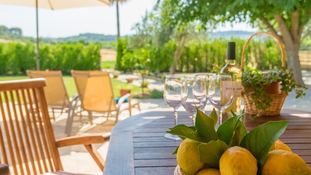 A round wooden table with a wicker basket, a bottle of wine, and a bowl of lemons. - Holiday house with pool in the heart of Mallorca (Sant Joan)