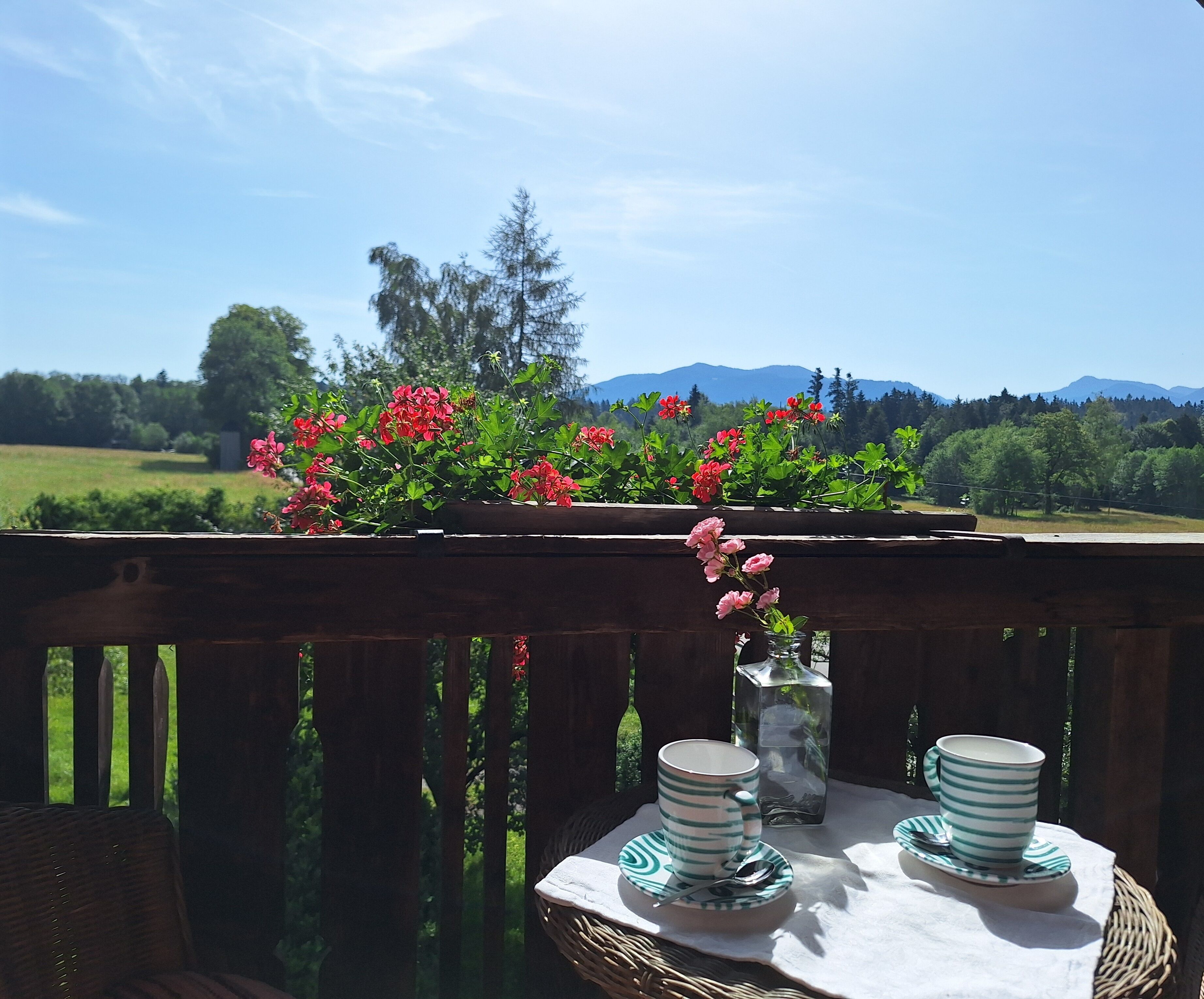 Une terrasse en bois avec une table dressée pour deux personnes, un vase rempli de fleurs et une vue sur un paysage montagneux.