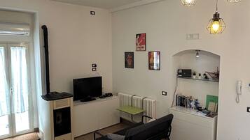 Fernseher, Kamin, Bücher, Stereoanlage