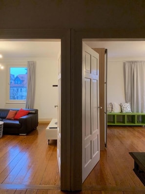 Smart TV, fireplace, books, stereo