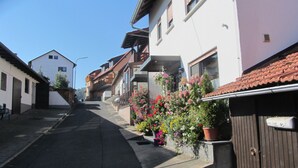 Una calle estrecha con edificios residenciales, balcones con jardineras y un cielo despejado.