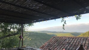 A rustic terrace with a stone wall, a tiled roof, and hanging decorations. - House, St Rome de Cernon (St Rome de Cernon)
