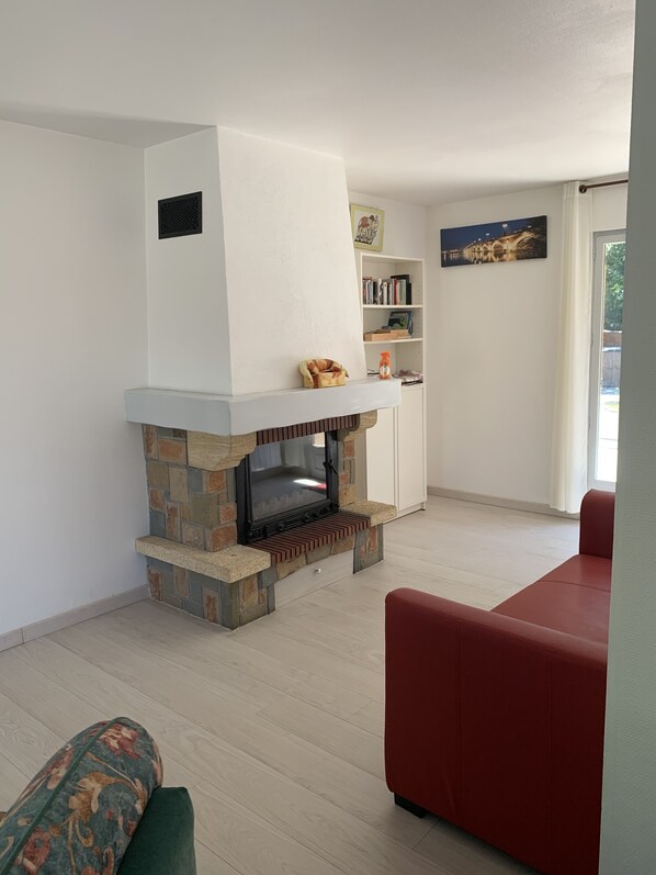 Fernseher, Kamin, DVD-Player, Bücher