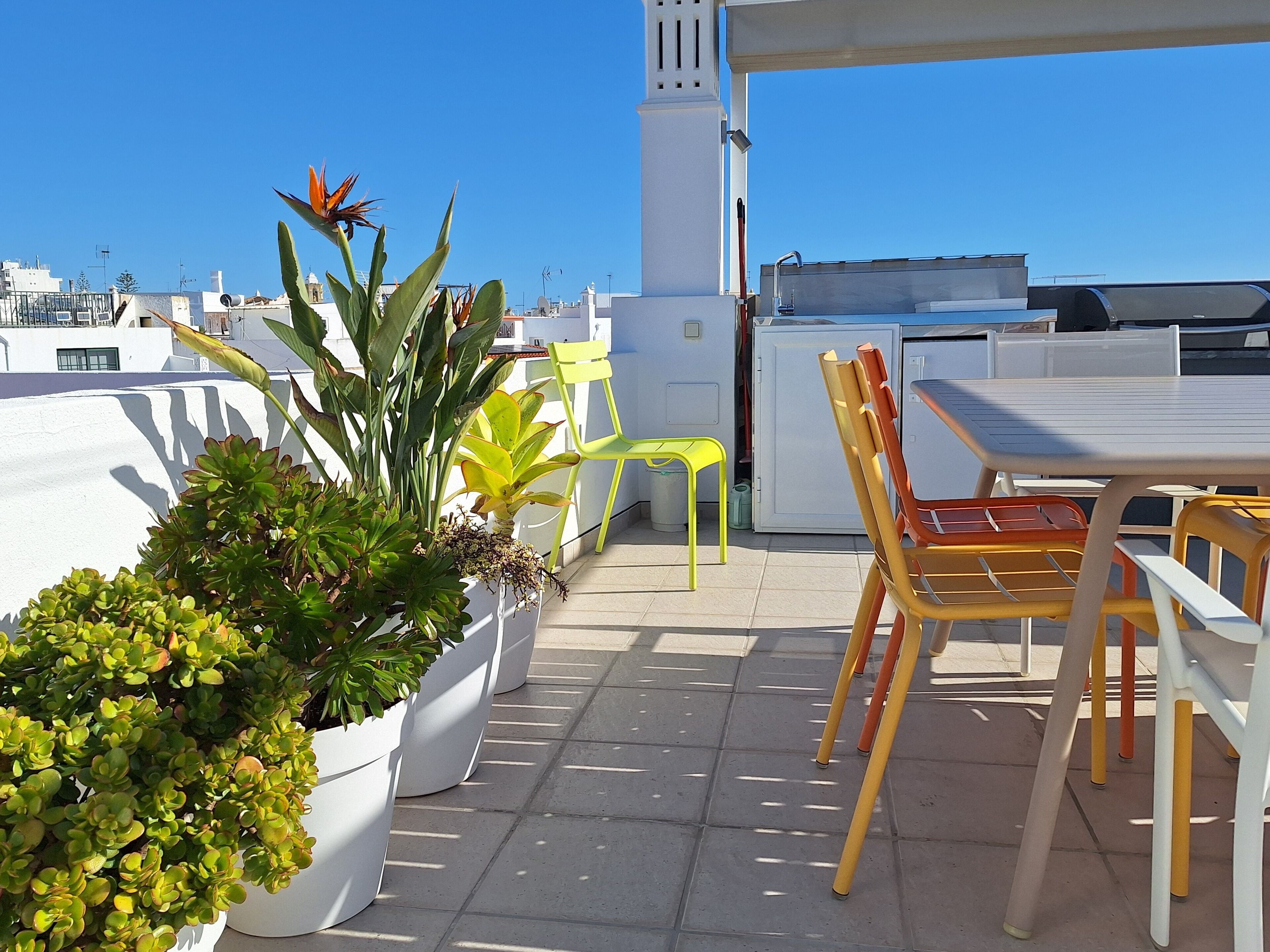 A rooftop terrace with potted plants, outdoor furniture, and a view of the city skyline.