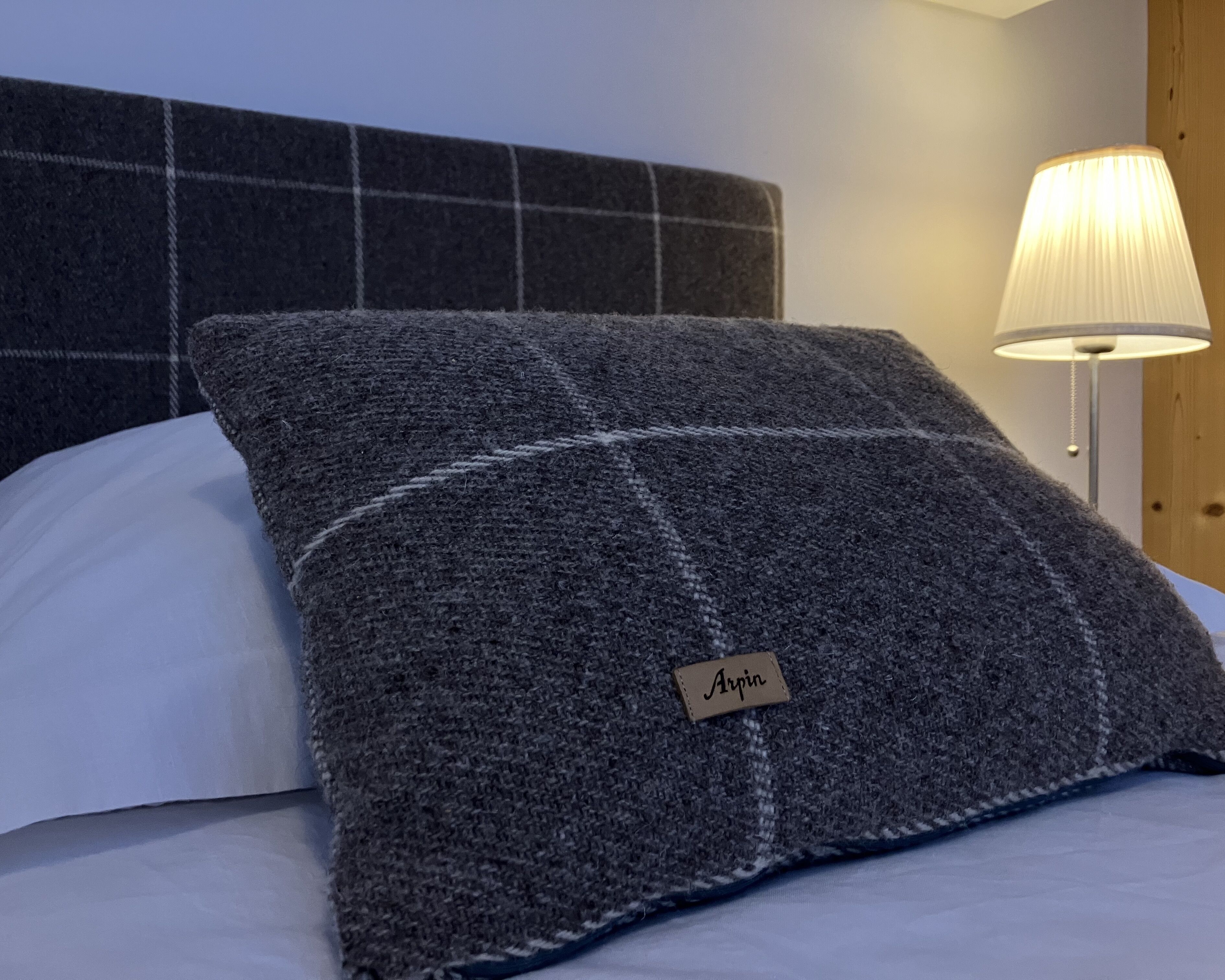 Un lit avec un oreiller à carreaux foncés et un oreiller blanc, une tête de lit et une lampe de chevet.