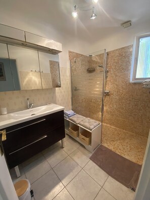 Shower, hair dryer, toilet paper