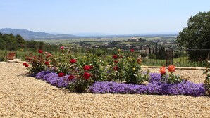 A garden with red and purple flowers, a gravel path, and a view of distant hills and buildings. - Large Mas with heated pool for 10 people, 3 Bathrooms panomaric view (Cairanne)
